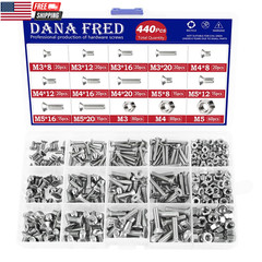 440 Pieces Flat Hex Socket Head Cap Screws Kit 304 Stainless Steel M3 M4 M5 Metr