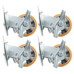 4″ Side Brake Polyurethane Plate Casters, 3200 Pounds, Silver + Qrange, 4 Pieces
