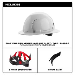 BOLT White Type 1 Class C Full Brim Vented Hard Hat with 6-Point Ratcheting Susp