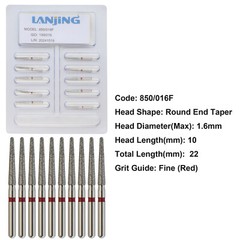 Dental Diamond Burs FG 850/016F High Speed Dia Bur Round End Taper Fine Grit Red