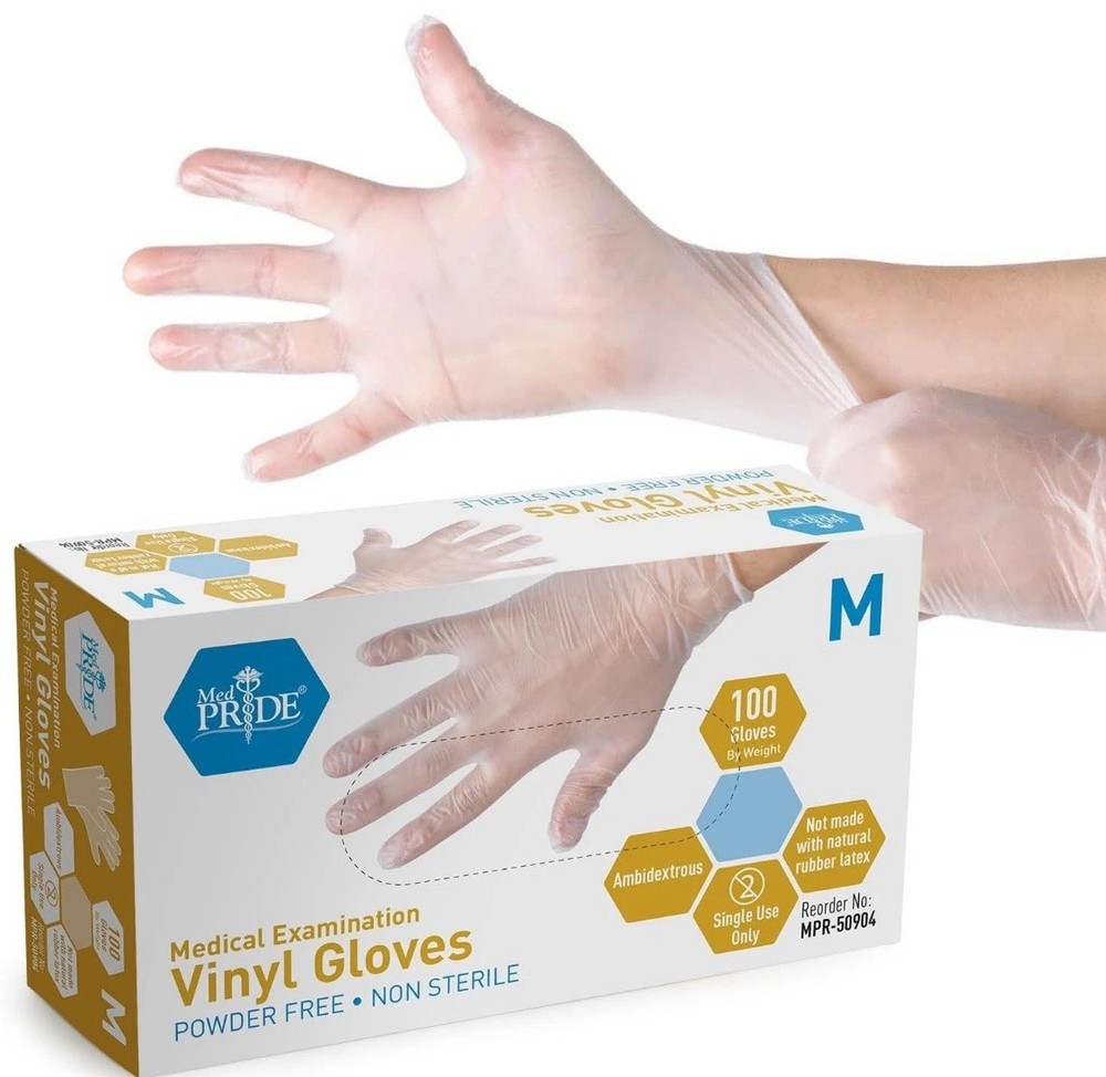 MedPride Powder-Free Vinyl Exam Gloves, MEDIUM, Box/100