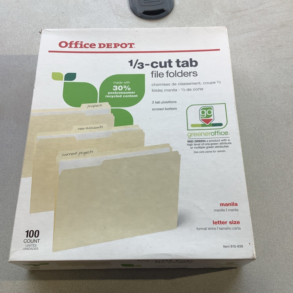 OFFICE DEPOT 1/3-CUT TAB FILE FOLDERS, LETTER SIZE, BOX OF 100 – MANILA