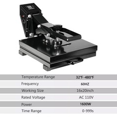 16×20 Heat Press Machine 1600W Swing Away Digital Sublimation Transfer 40x50cm
