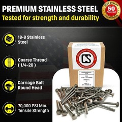 304 Stainless Steel 1/4-20 x 2-1/2 Carriage Bolts – 100K PSI Strength, 50 Pieces