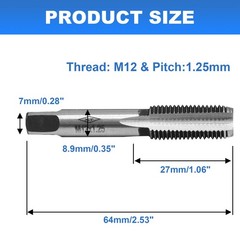 Litoexpe 2 Pcs M12 x 1.25 Metric Hand Tap, Right HSS x
