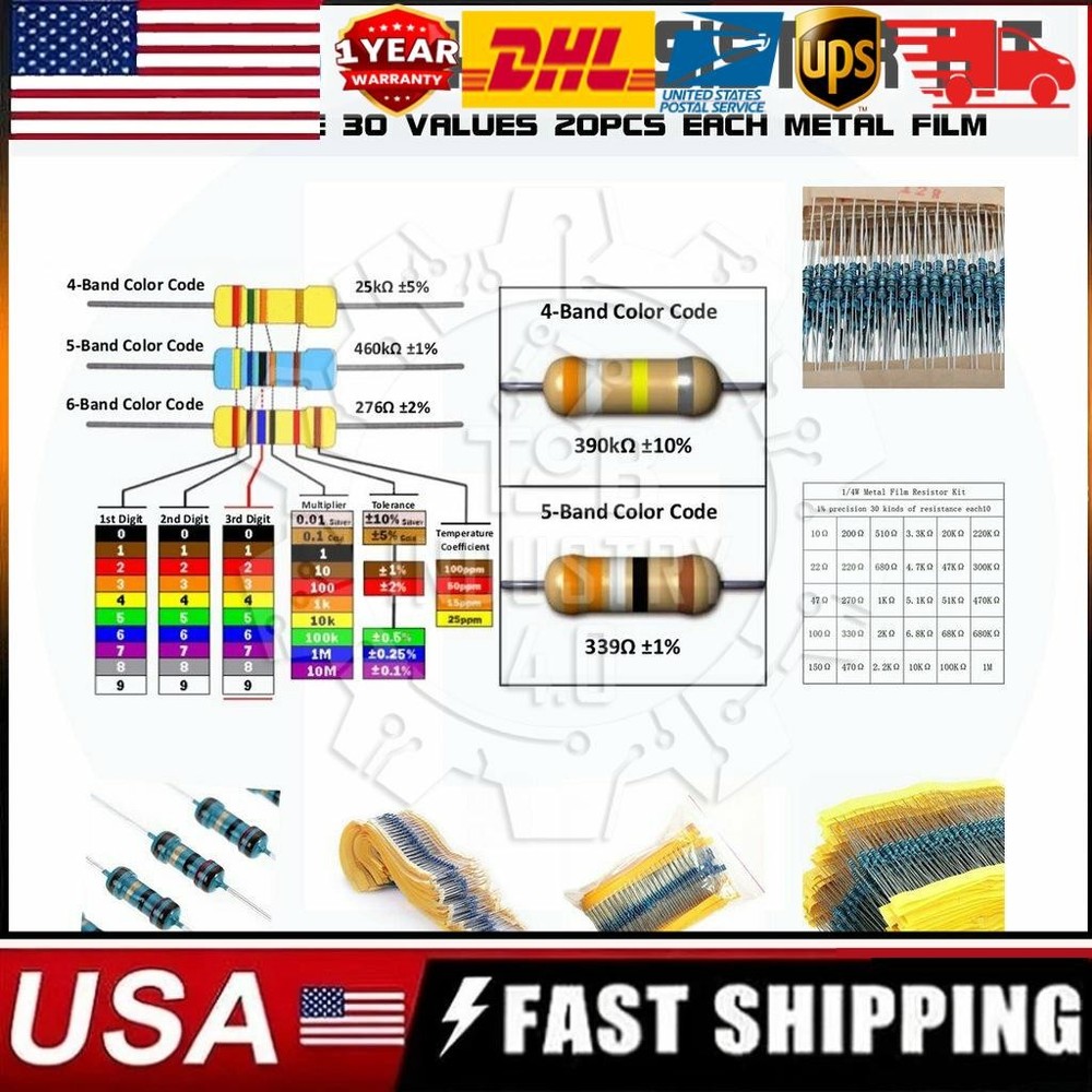 600pcs 30 Values 1/4W Metal Film Resistors Resistance Assortment Kit Set 1% USA