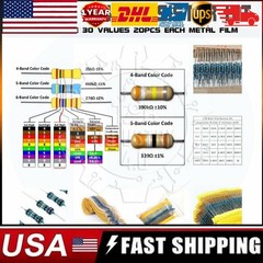 600pcs 30 Values 1/4W Metal Film Resistors Resistance Assortment Kit Set 1% USA