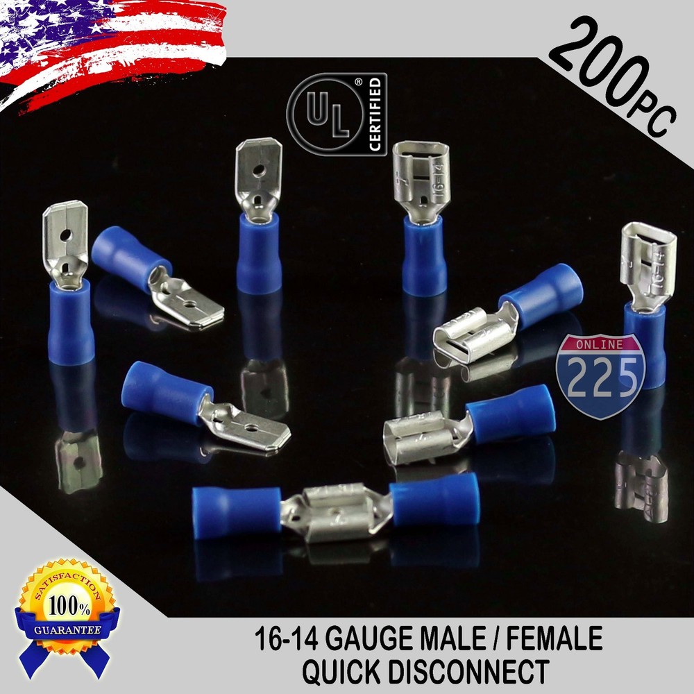 200 Pack 16-14 Gauge Male & Female Quick Disconnect Blue Vinyl .250″ Connectors