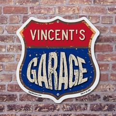 Vincent’s Garage Shield Shaped Sign Weather Resistant Crafted in the USA