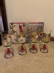 SAKURA Chanticleer 4 Rooster Goblets Sally Eckman Hand Painted Farmhouse