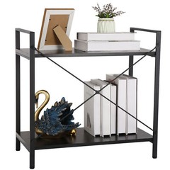 2-Shelf Durable Bookcase Steel Frame Bookrack Mini Retro Display Bookshelf Black