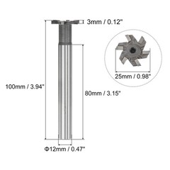 3mm Depth 25mm Dia 12mm Shank Carbide Tip 6 Flute T-Slot Milling Cutter