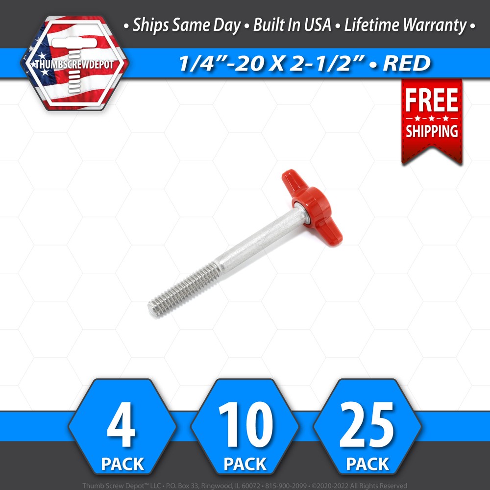 1/4″-20 x 2-1/2″ Thumb Screw Stainless Steel – Red Tee / Wing Knob – USA