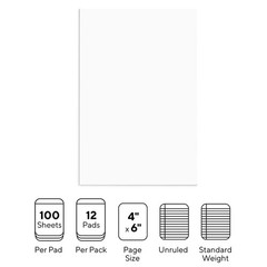 STAPLES Notepads, 4” x 6”, Unruled, White, 100 Sheets/Pad, 12‑Pack White