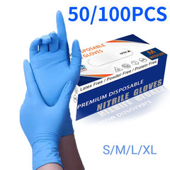 50/100PCS Blue Nitrile Gloves Disposable Waterproof Blue Gloves Kitchen Dishwash