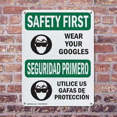 (2 Pack) Wear Your Goggles Bilingual OSHA Safety First Sign Decal Metal Plastic