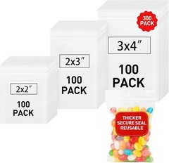 “Small Plastic Bags, 300 PCS Mini Baggies 3 Assorted Sizes 2×2 2×3 3×4 Inch. M..