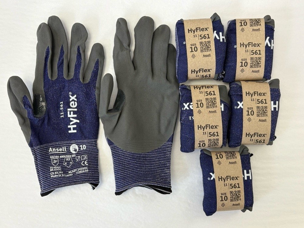 New Ansell 11-561 Hyflex 6-PACK A3 Cut-Resistant Gloves Nitrile Size 10 (GU6)