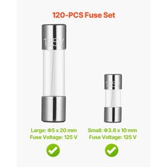 120 Pcs Fast-Blow Glass Fuses Assortment Kit 125V 5 x 20 mm & 3.6 x 10 mm