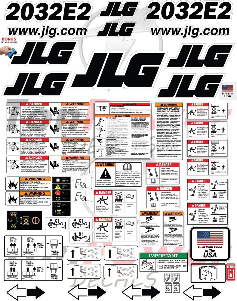 Fits JLG 2032E2 Scissor Lift Decal Kit – Laminated 3M Vinyl – Free Shipping