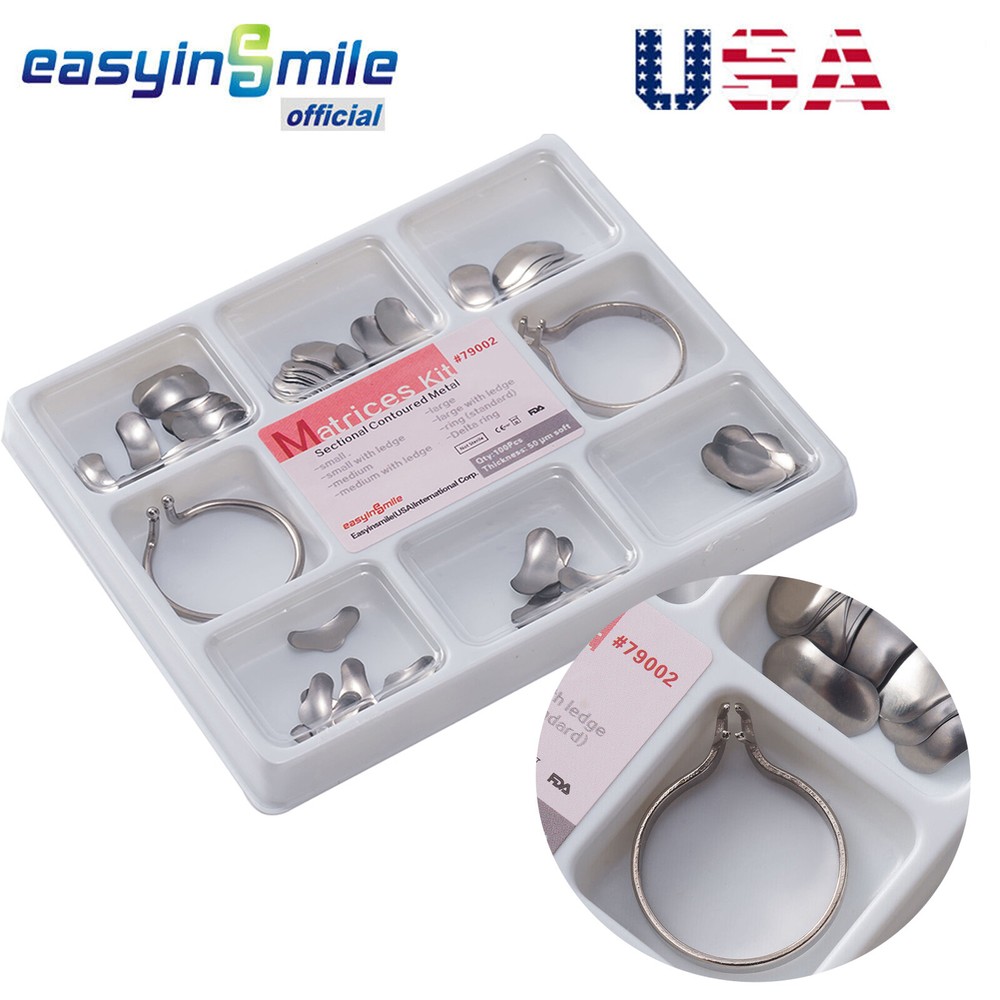 100Pcs Dental Matrix Bands Kit Sectional Contoured Matrices Refill 50 μm&2 Ring