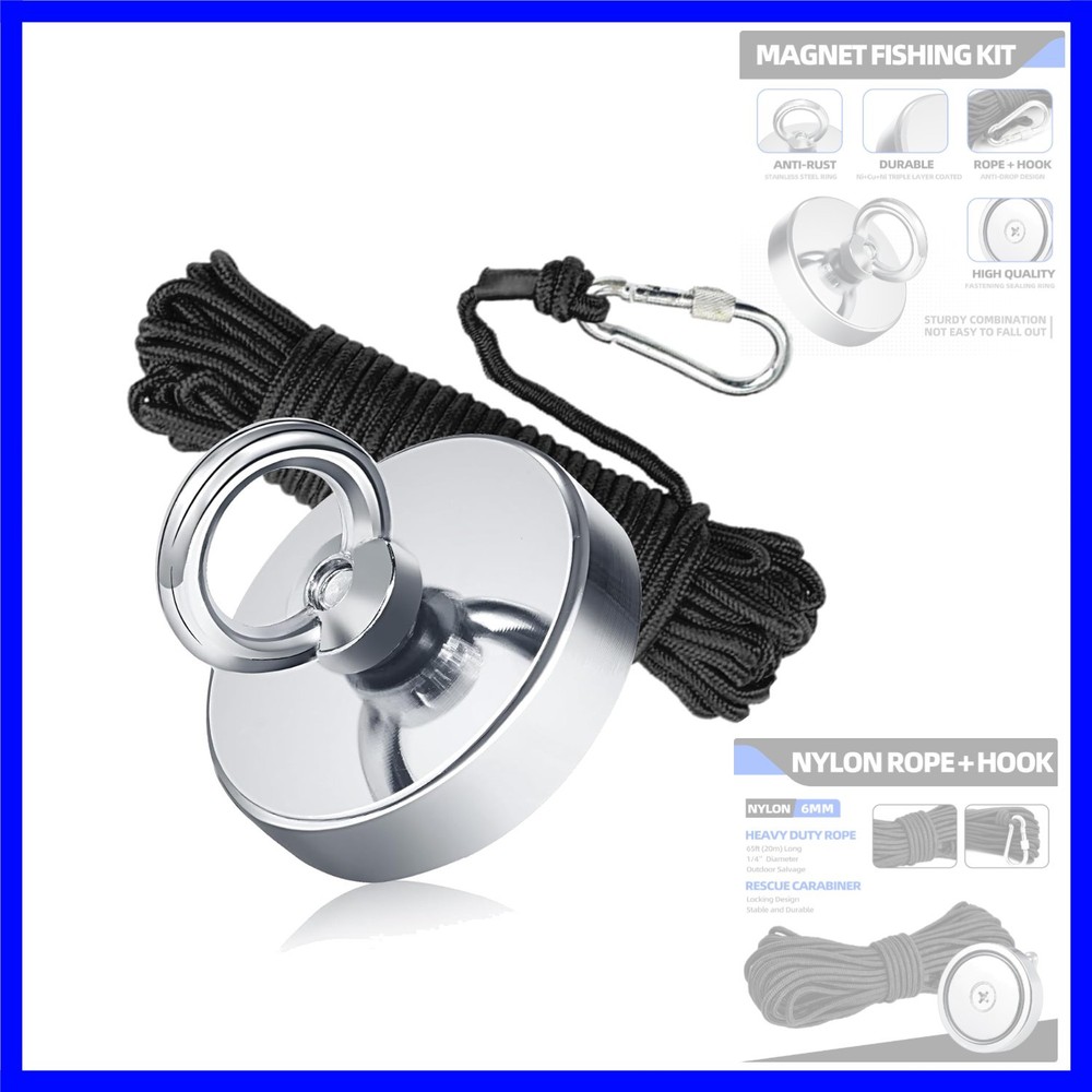 Magnet Fishing Kit 2.4″60 mm 500lb+, Big Strong Rare Earth Fish Magnets Heavy…