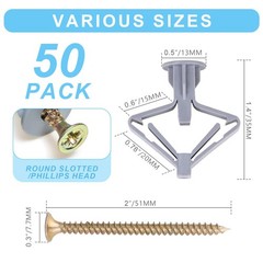 Hollow-Wall Anchors, One Size, 65Lbs Anchors 50pcs+Screw Gray-50pcs