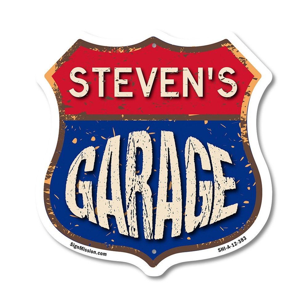 Steven’s Garage Shield Shaped Sign Weather Resistant Crafted in the USA