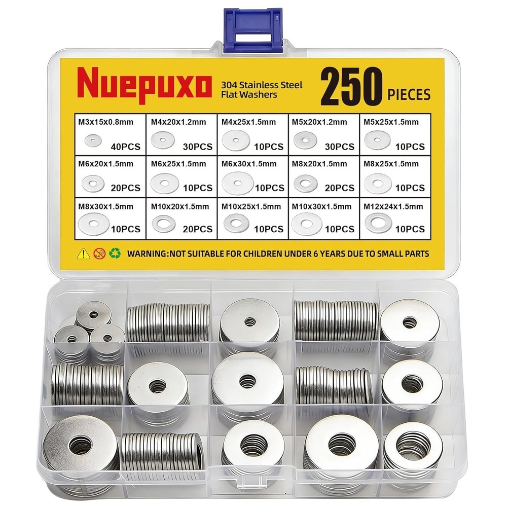 108Pcs 304 Stainless Steel Flat Washers, Fender Washers Assortment Kit 12 Sizes