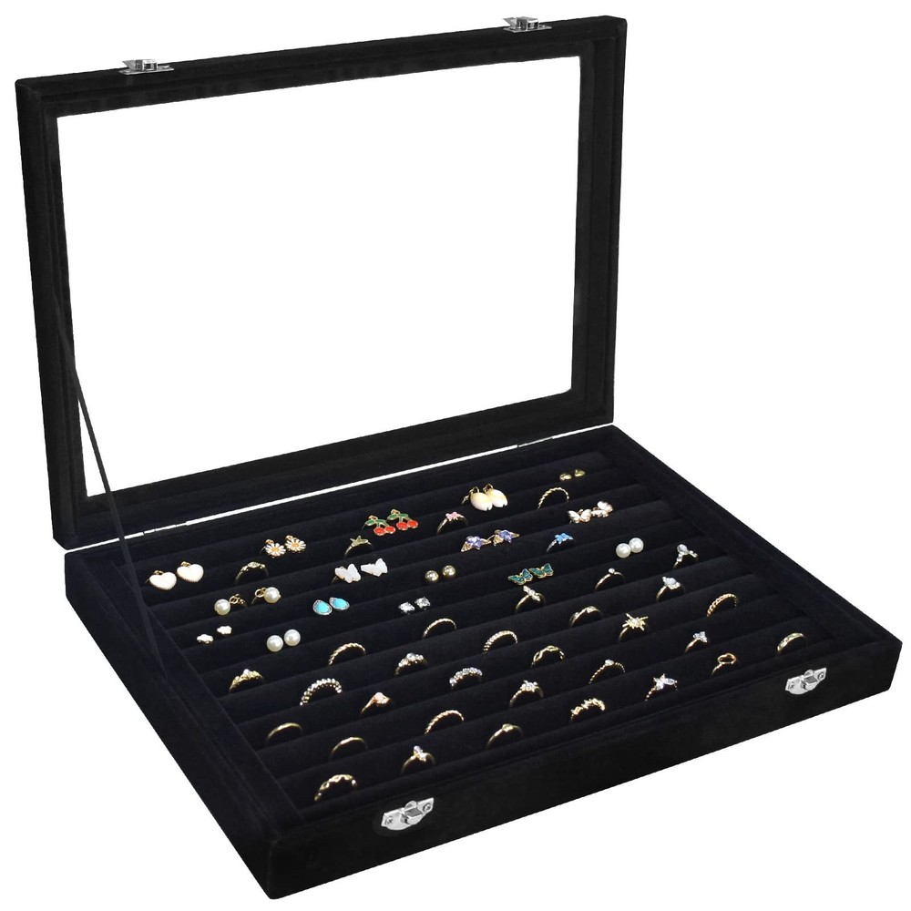 Siveit Rings Organizer Tray 10 Slots Velvet Ring 13.9 x 9.6 x 2 inches, Black