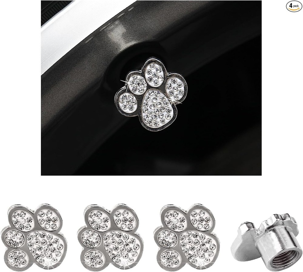 4PCS Crystal Paw Tire Valve Caps, Bling Handmade Rhinestone Car T Color: White