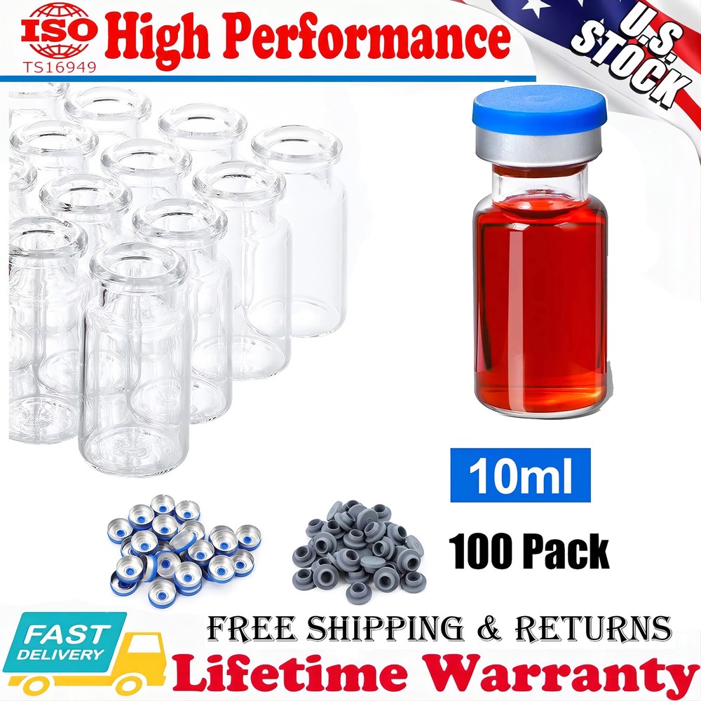 100 Pack 10ml Glass Vials w/ Plastic-Aluminum Flip Off Caps and Rubber Stoppers