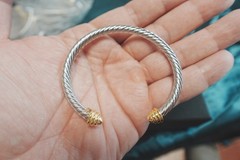 Gift.DavidYurman4mm.Classic Cable.Sterling Silver BraceIet&18k Gold Dome BangIe