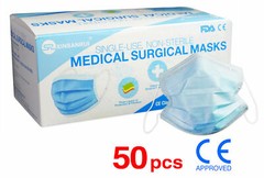 50 Pack CE Approved Class/Level 2 Surgical Disposable Face Mask/3-Ply 98% BFE