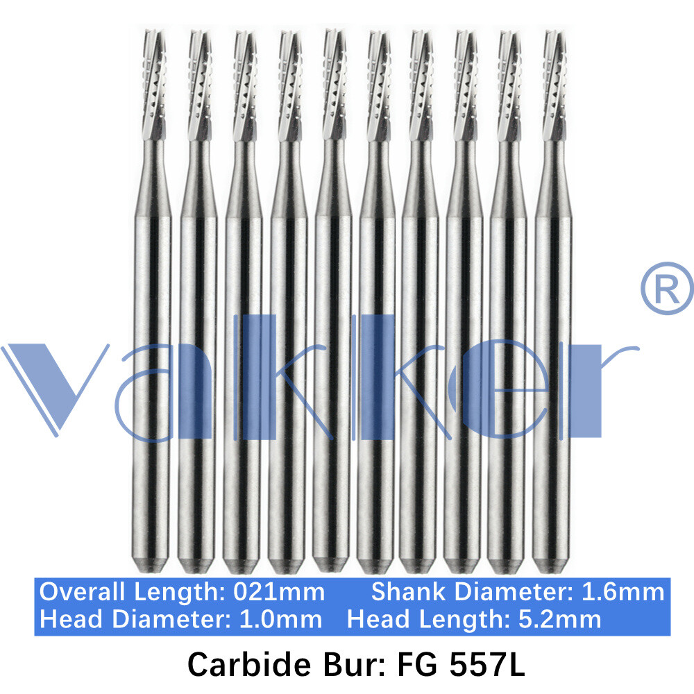 Vakker 10pc Dental Carbide Burs Long FG 557L Straight Flat End Cross-Cut