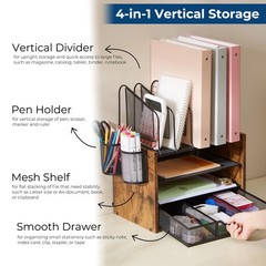 Wooden Desk Organizer, 4-Tier Mesh Desk Organizer with Drawer, Paper Tray & 5…