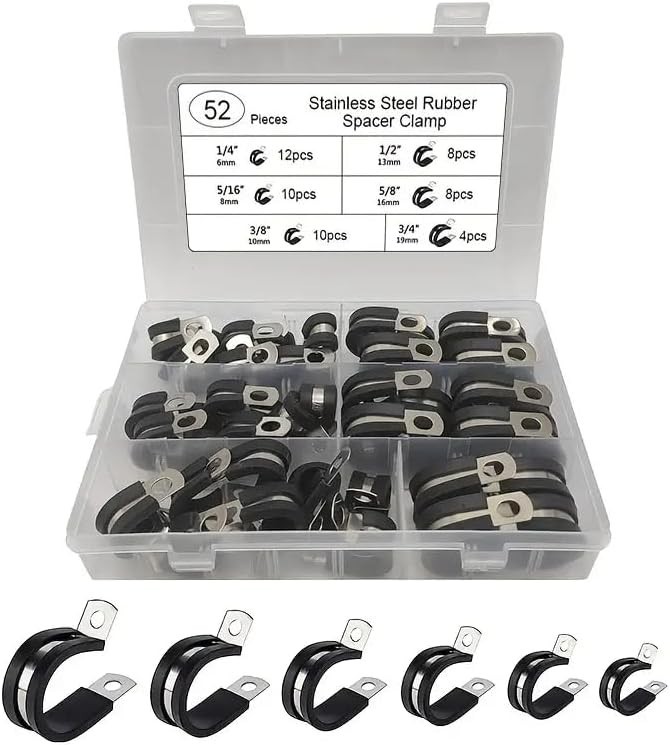 12/52 pc Rubber Cushion Insulated Clamp Stainless Steel Cable Clamps Assortment