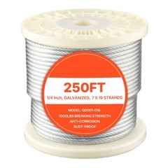 Uimoso Galvanized Carbon Steel Wire Rope 1/4 in 7×19, 250 ft Cable for Railing