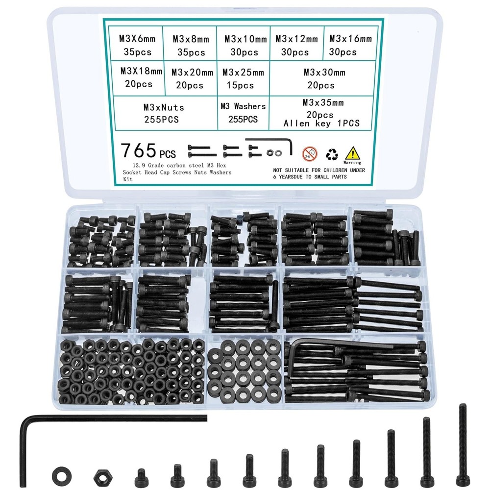 Screws Bolts and Nuts Assortment Kit, Small Hex Socket Head Cap M3 (765 Pcs)