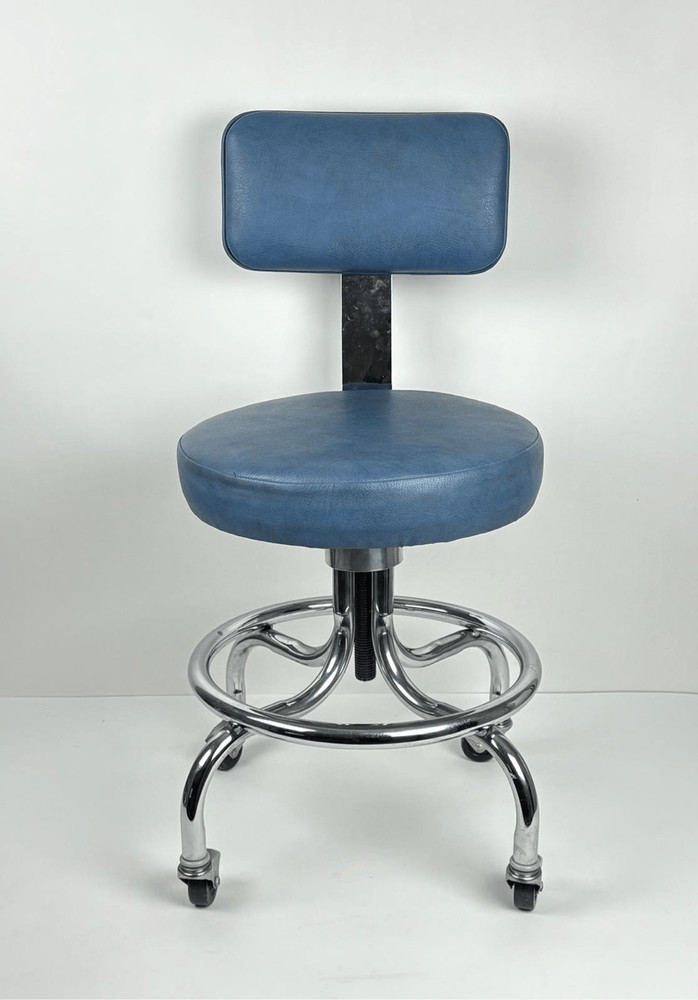 Vintage IE Industries Rolling Medical Chair Stool Chrome Blue Upholstery USA
