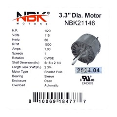 Fan Motor 3.3″ Dia.1/20 HP 1500 RPM 115 Volts CW Rotation Replaces Fasco D132