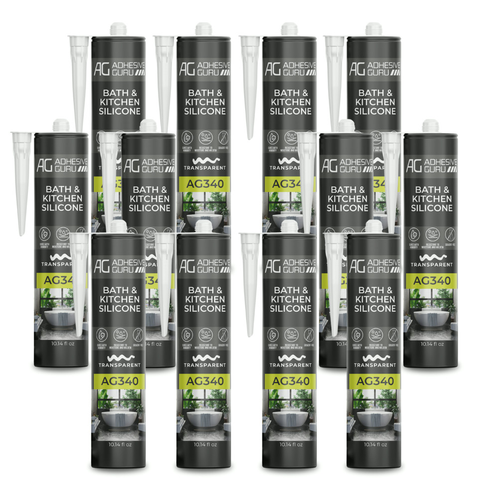 Adhesive Guru AG340 Clear Silicone Sealant (12×10.14 fl oz), 100% Silicone Caulk