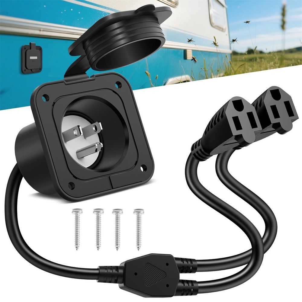 15Amp 125V AC Port​​ Plug RV Power Inlet Y-Splitter Dual 18″Inch Extension Cable