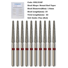 Dental Diamond Burs High Speed FG 850/016F Round End Taper Fine Grit Red 10pc/pk