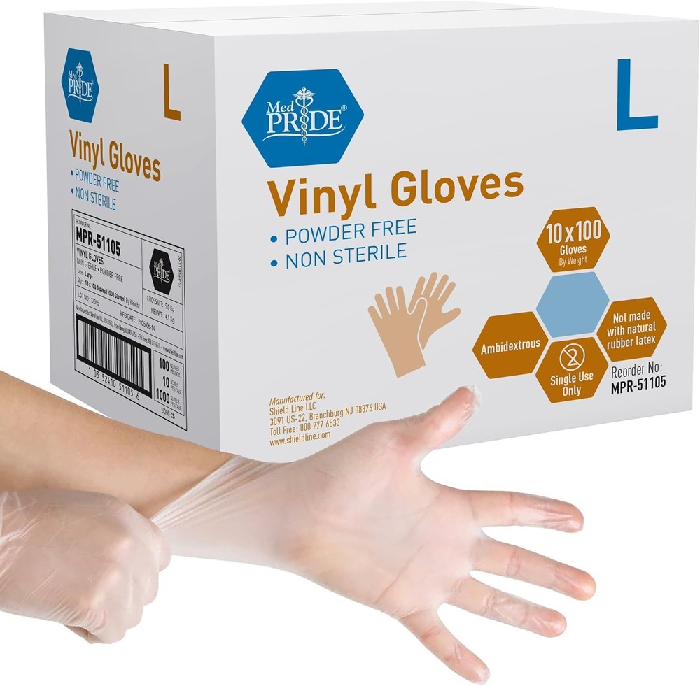 Med PRIDE Vinyl Gloves| 4.3 mil Thick, Powder-Free, Non-Sterile, Heavy Duty