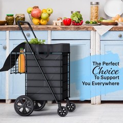Folding Utility Shopping Cart with Double Basket, Swivel Wheels