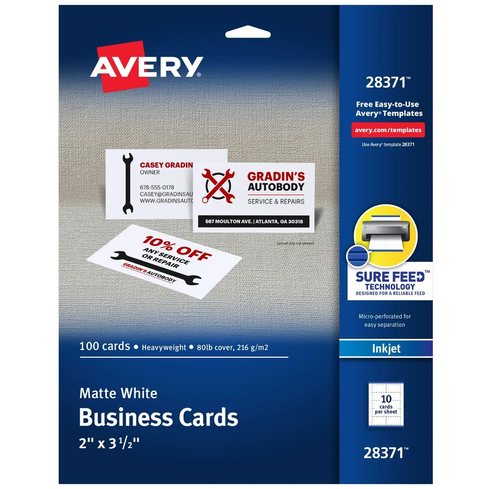 Avery Business Cards Perforated Matte White 2″x3.5″ Paper Inkjet pk of 100 cards