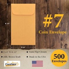 500 Cashier Depot – #7 Coin Envelopes, 3.5 x 6.5 Inches Brown Kraft Paper Gummed