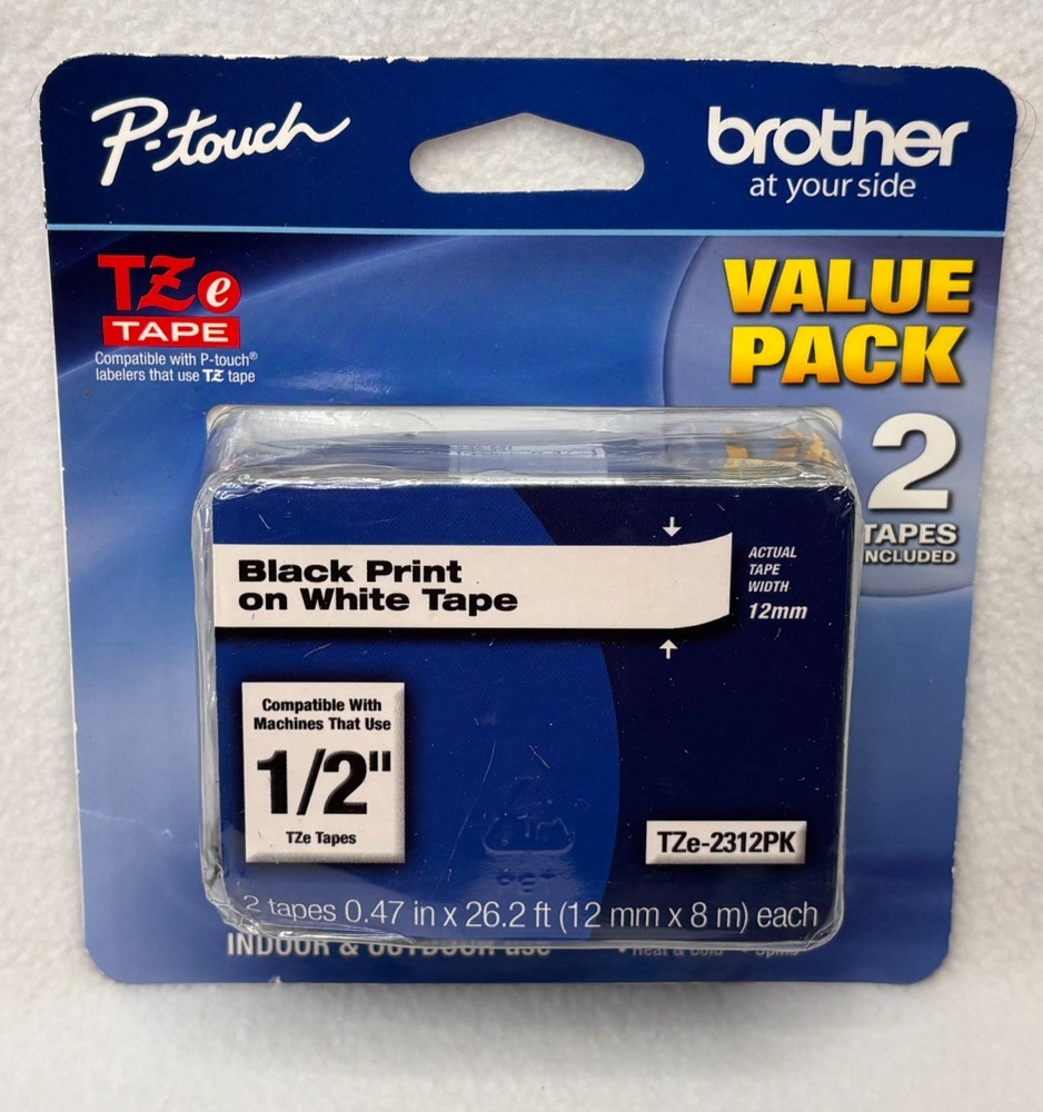 2 Pack Brother P-Touch, 1/2″(12mm) Black Print White Tape TZe-2312pk Genuine