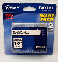 2 Pack Brother P-Touch, 1/2″(12mm) Black Print White Tape TZe-2312pk Genuine